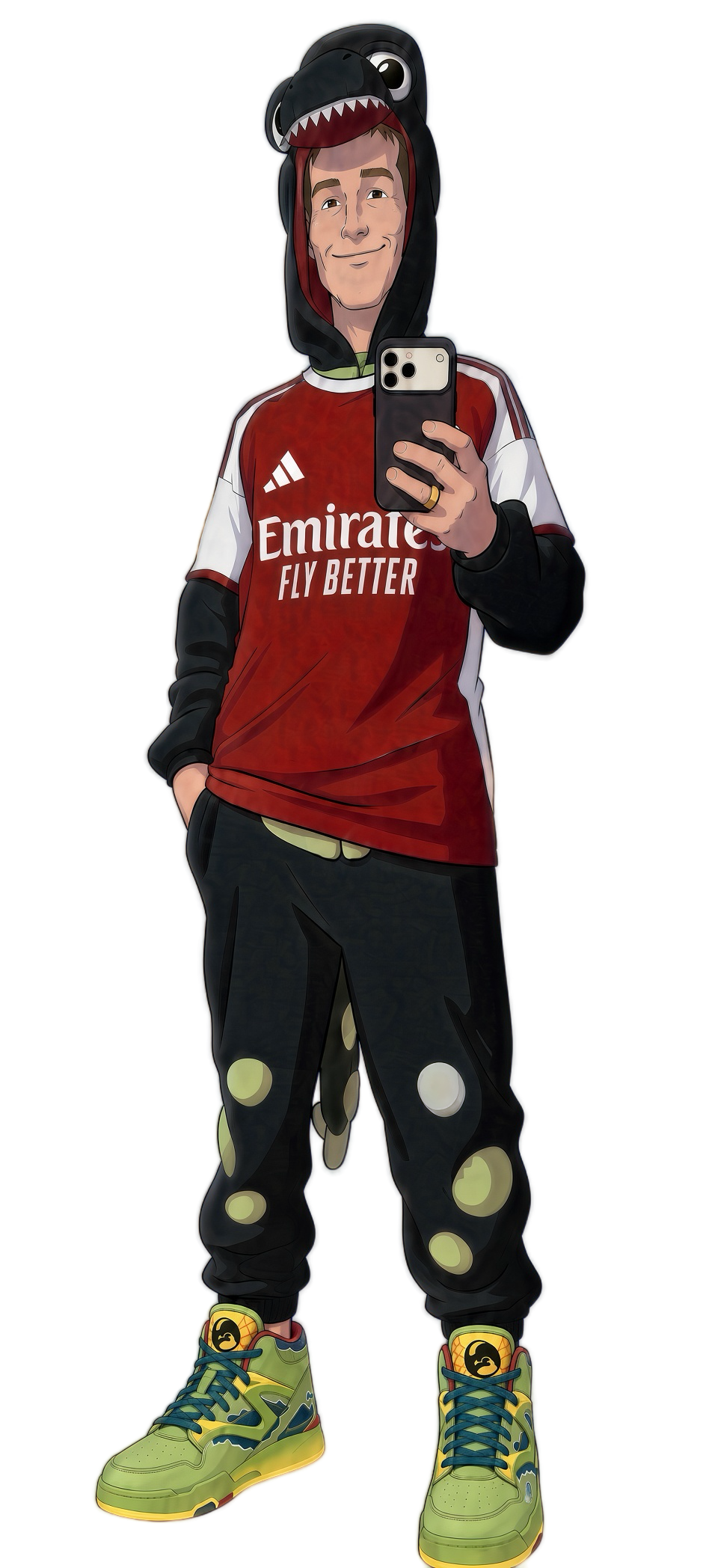 Cartoon of Beau Baldwin in an Arsenal shirt and a Gunnersaurus hoodie, taking a selfie. Opens beaubaldwin.com.
